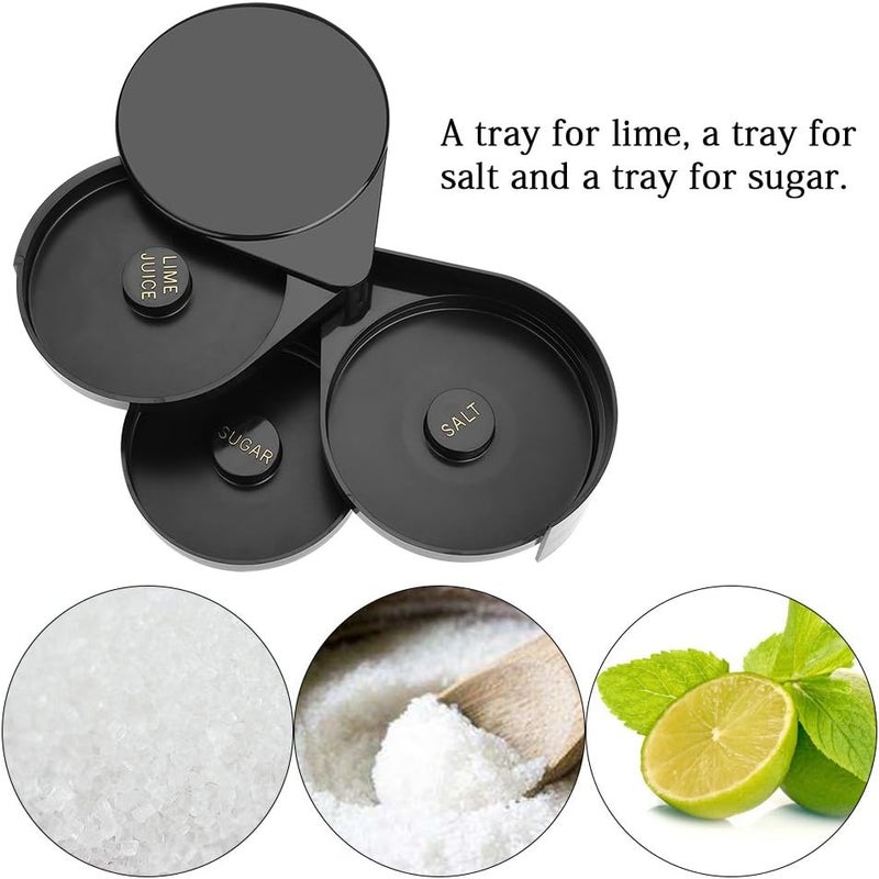 woobles 3 Tier Bar Glass Rimmer for Cocktail, Plastic Black Bar Glass Rimmer, Margarita Salt Rimmer, 3 Compartments Bar Rimmer for Salt/Suagar/Lime - Image 5